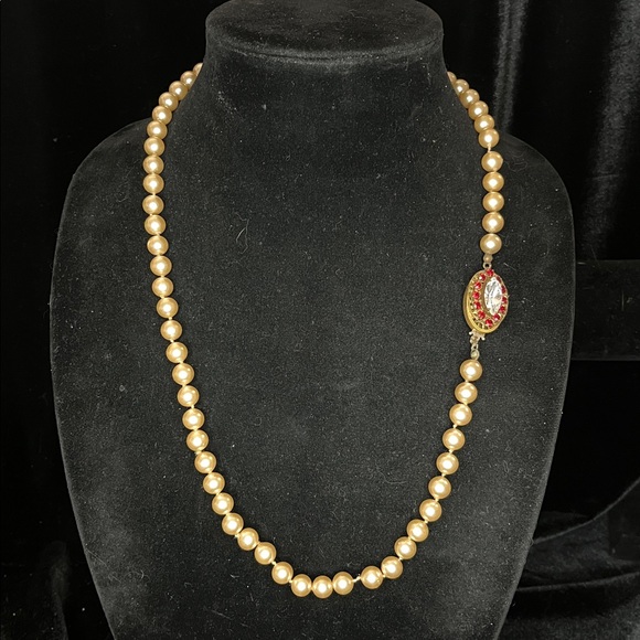1443 * Miriam Haskell Vintage Gold Pearl Necklace with Red & Clear Stone Clasp